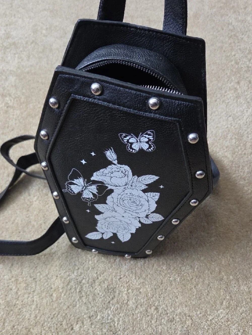 Black Coffin-Shaped Crossbody Bag with White Rose & Butterfly Print